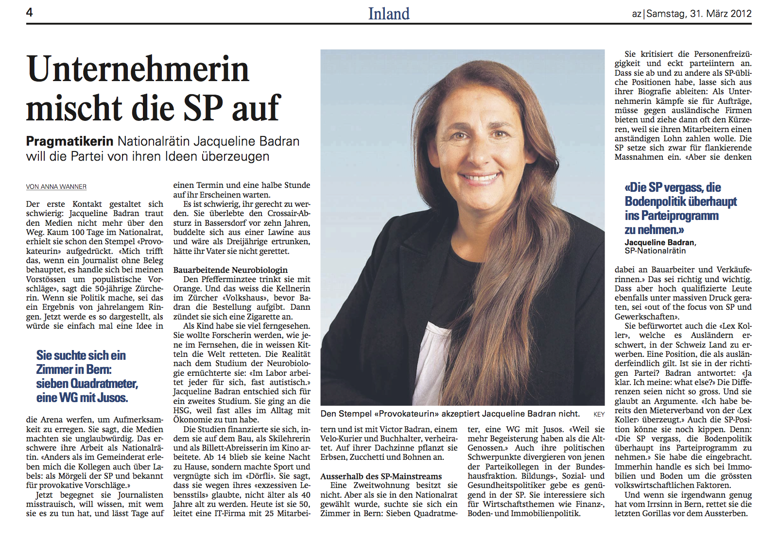 Artikel über Jacqueline Badran in der Aargauer Zeitung vom 31. März 2012